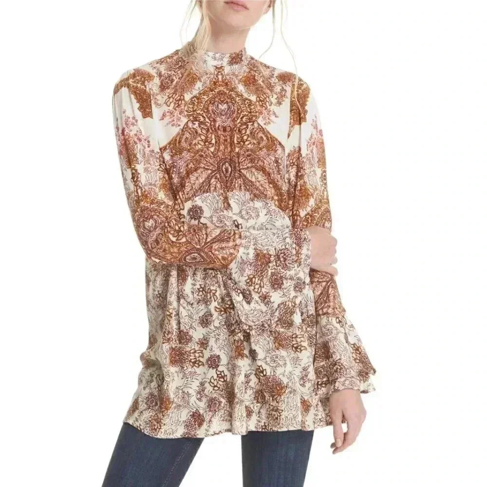 Free People Women's Ivory Orange Lady Luck Tunic Small Cut-Out Back Bell Sleeve